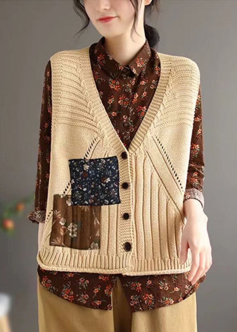 Gilet Sans Manches En Tricot De Coton Confortable Pour Femmes Patchwork De Boutons Orange - Cardigans femmes