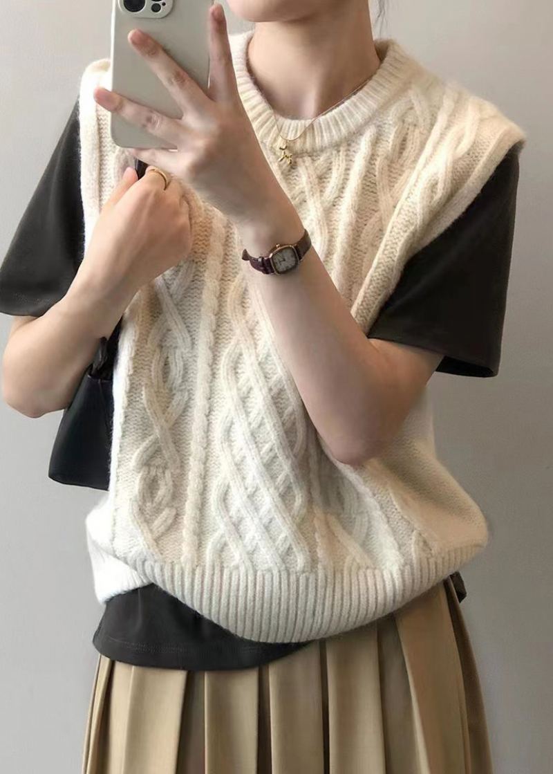 Gilet En Tricot Ample Beige Patchwork Haut Col Rond Automne