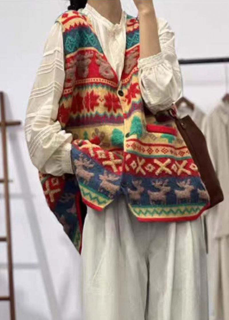 Gilet En Tricot De Coton Avec Poches À Col En V Violet Jacquard Sans Manches - Cardigans femmes