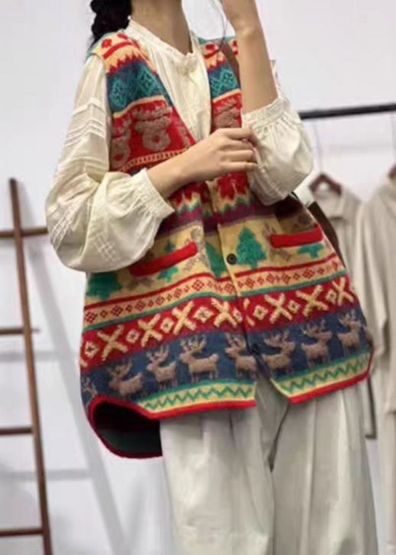 Gilet En Tricot De Coton Avec Poches À Col En V Violet Jacquard Sans Manches - Cardigans femmes