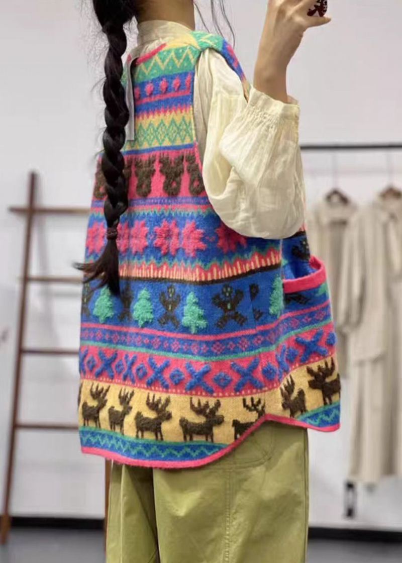 Gilet En Tricot De Coton Avec Poches À Col En V Violet Jacquard Sans Manches - Cardigans femmes