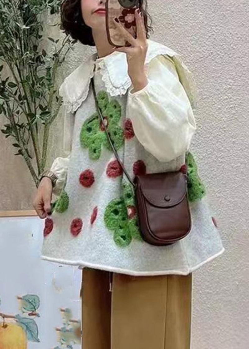 Gilet En Tricot De Coton Confortable À Col Rond Gris Fleuri Sans Manches - Cardigans femmes