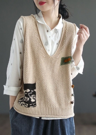 Gilet En Tricot De Coton Confortable En Patchwork Beige Italien À Col En V Sans Manches