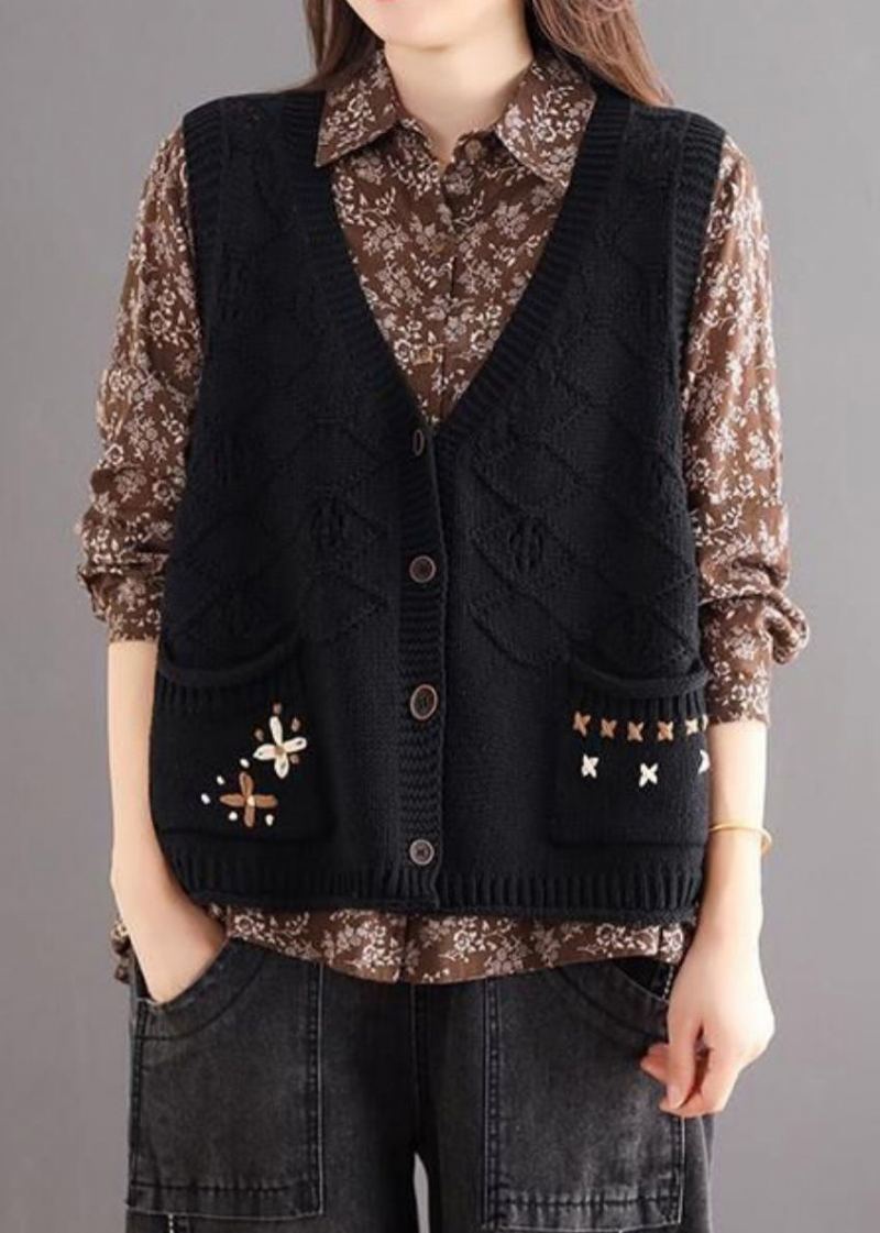 Gilet En Tricot De Coton Confortable Patchwork De Boutons Noirs Col En V Automne
