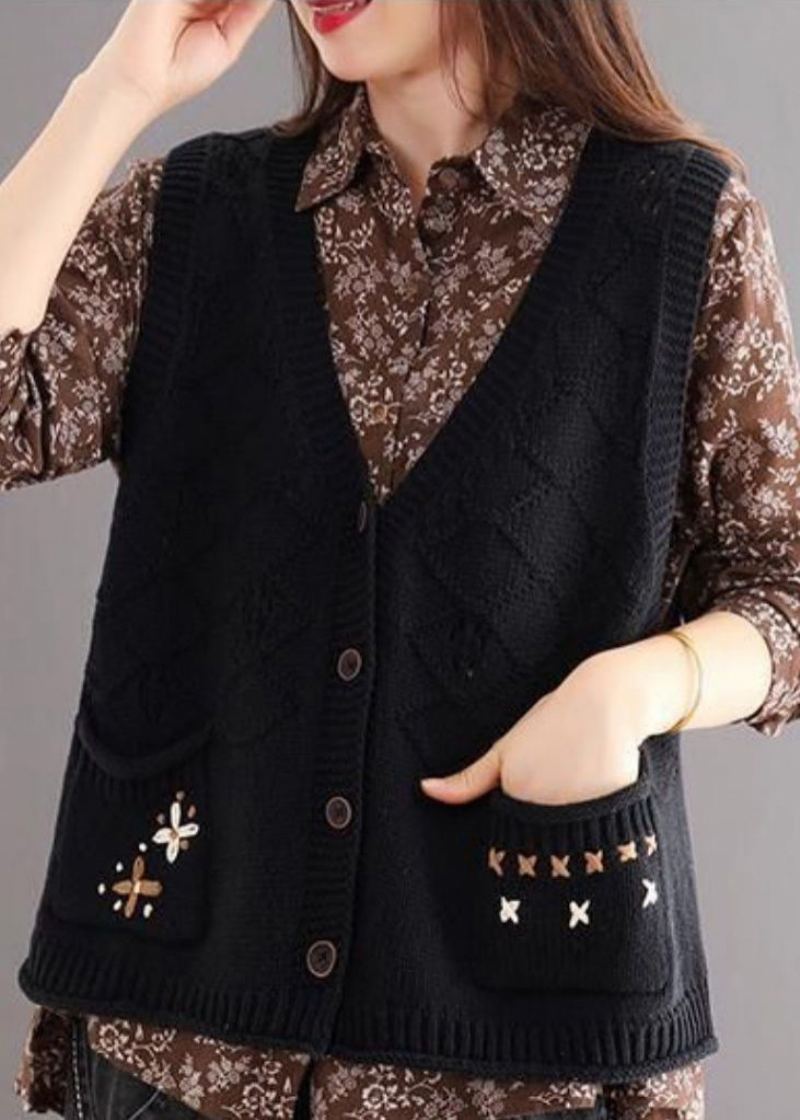 Gilet En Tricot De Coton Confortable Patchwork De Boutons Noirs Col En V Automne - Cardigans femmes