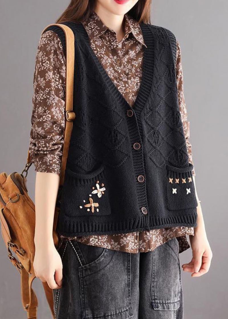Gilet En Tricot De Coton Confortable Patchwork De Boutons Noirs Col En V Automne - Cardigans femmes