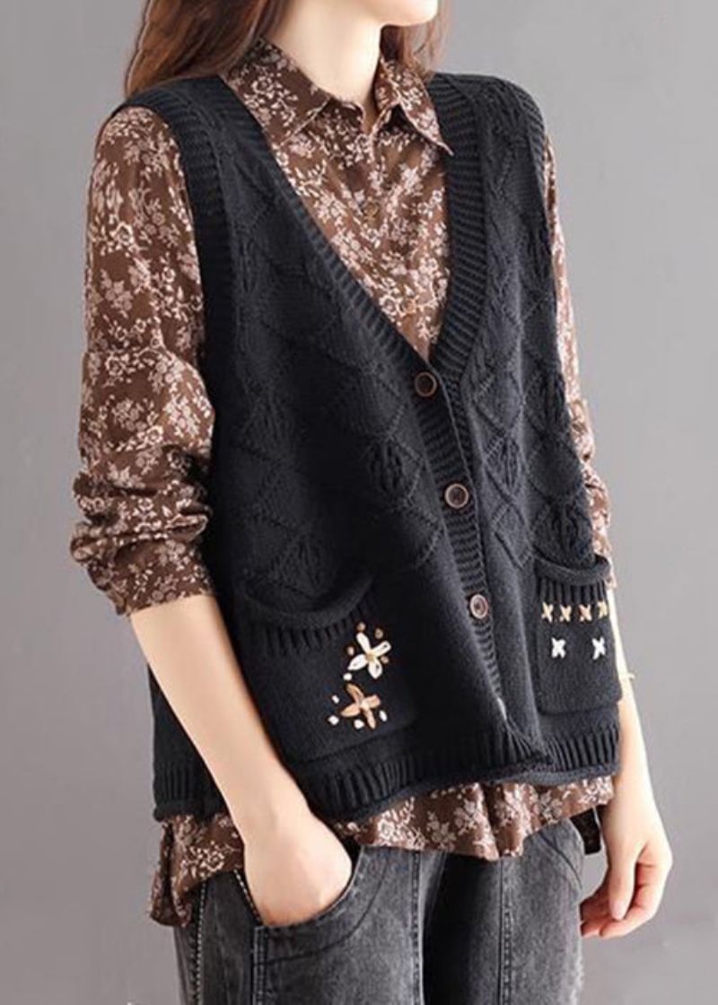Gilet En Tricot De Coton Confortable Patchwork De Boutons Noirs Col En V Automne - Cardigans femmes