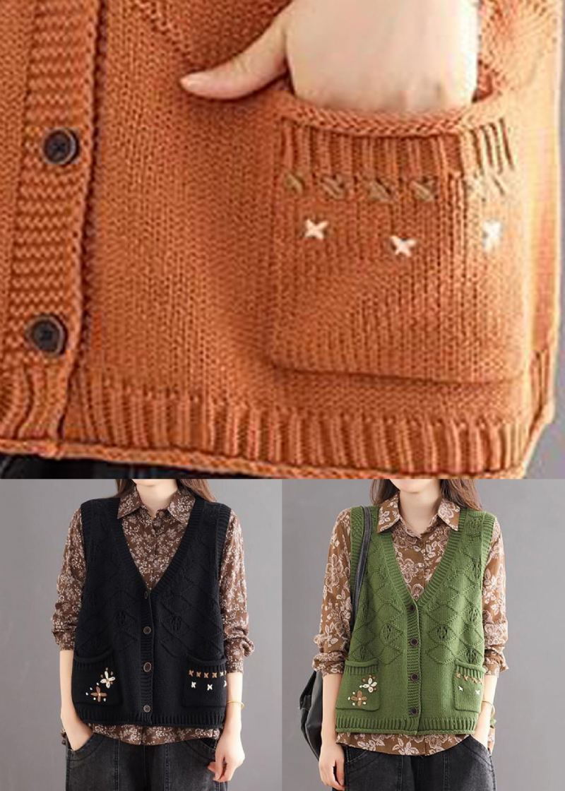 Gilet En Tricot De Coton Confortable Patchwork De Boutons Noirs Col En V Automne - Cardigans femmes