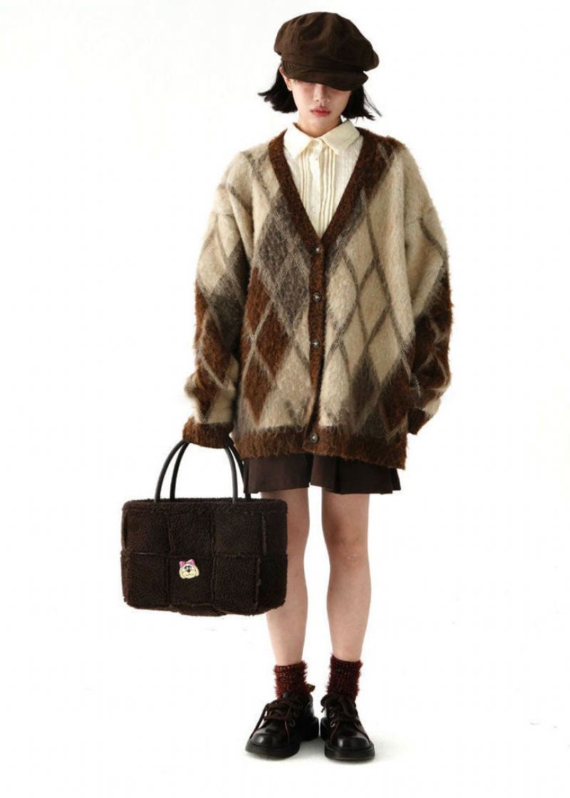 Grande Taille Marron Col En V Plaid Chaud Polaire Tricot Cardigans Hiver - Cardigans femmes