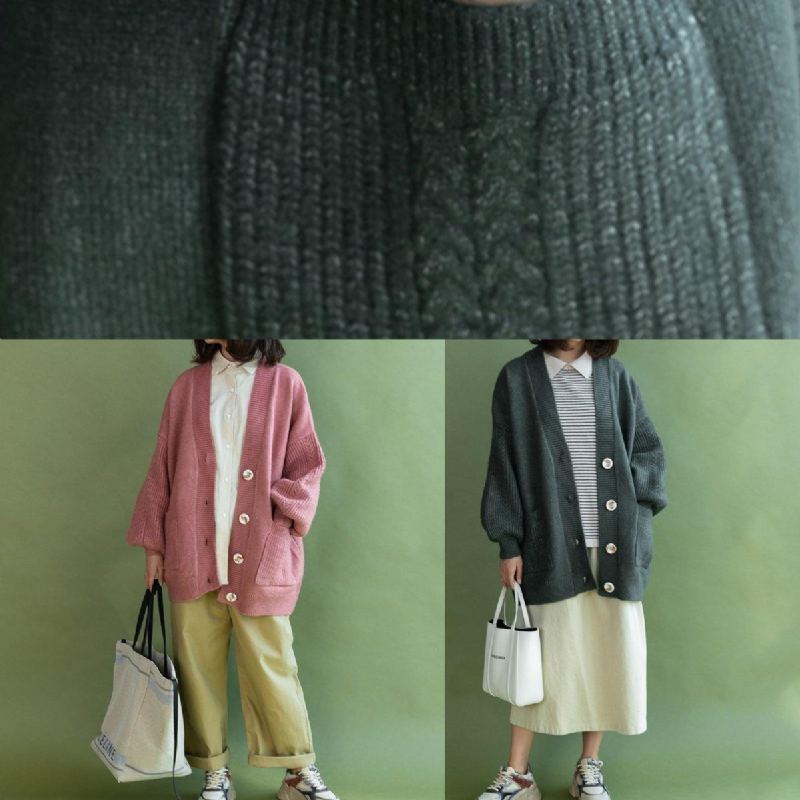Hauts Roses D'hiver Avec Poches Sweat En Tricot À Col En V Et Grande Taille - Rose