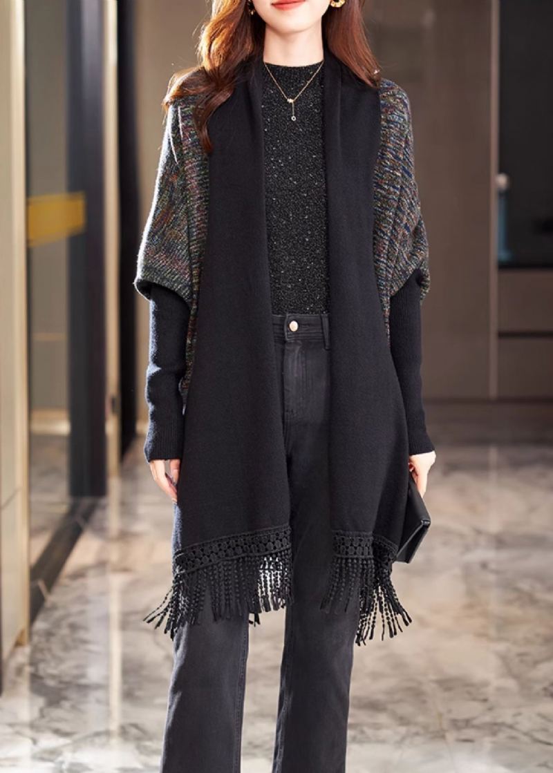 Manches Chauve-souris Cardigan En Tricot Patchwork À Glands Noirs Faits À La Main - Cardigans femmes