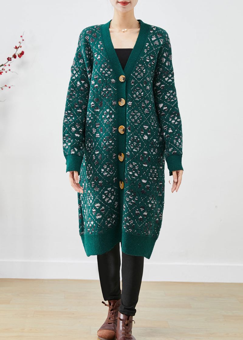 Manteau Ample En Tricot Chaud Avec Bouton Imprimé Vert Noirâtre Diy Automne