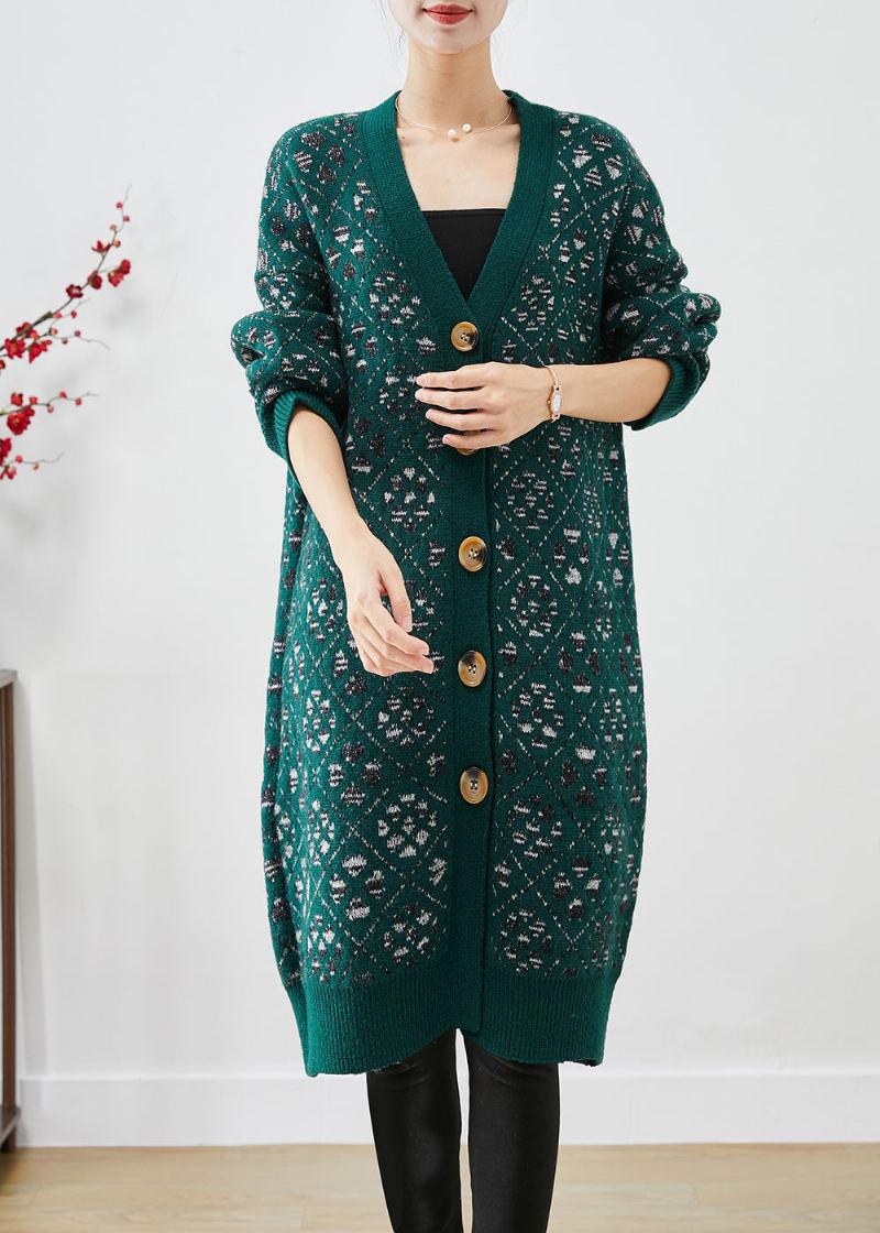 Manteau Ample En Tricot Chaud Avec Bouton Imprimé Vert Noirâtre Diy Automne - Cardigans femmes