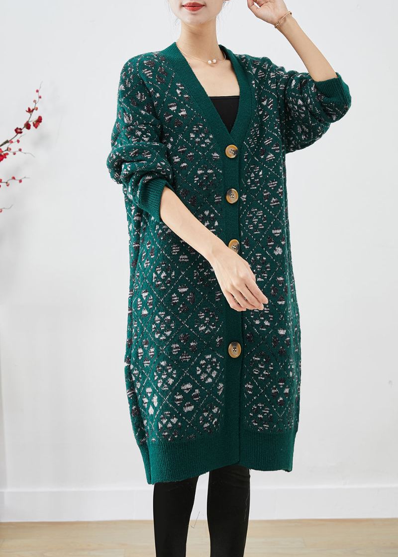 Manteau Ample En Tricot Chaud Avec Bouton Imprimé Vert Noirâtre Diy Automne - Cardigans femmes