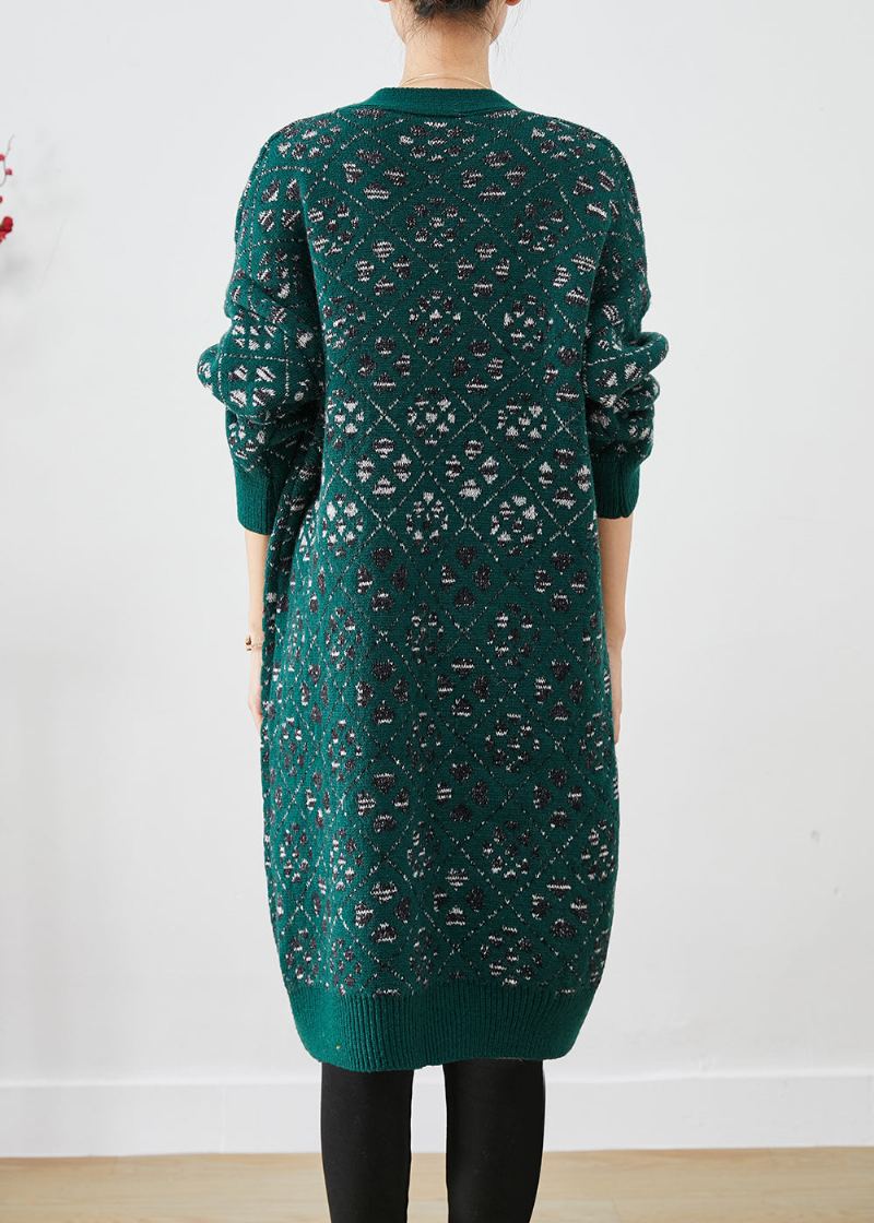 Manteau Ample En Tricot Chaud Avec Bouton Imprimé Vert Noirâtre Diy Automne - Cardigans femmes