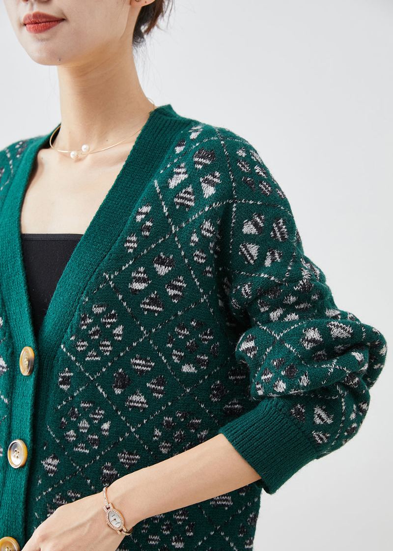 Manteau Ample En Tricot Chaud Avec Bouton Imprimé Vert Noirâtre Diy Automne - Cardigans femmes