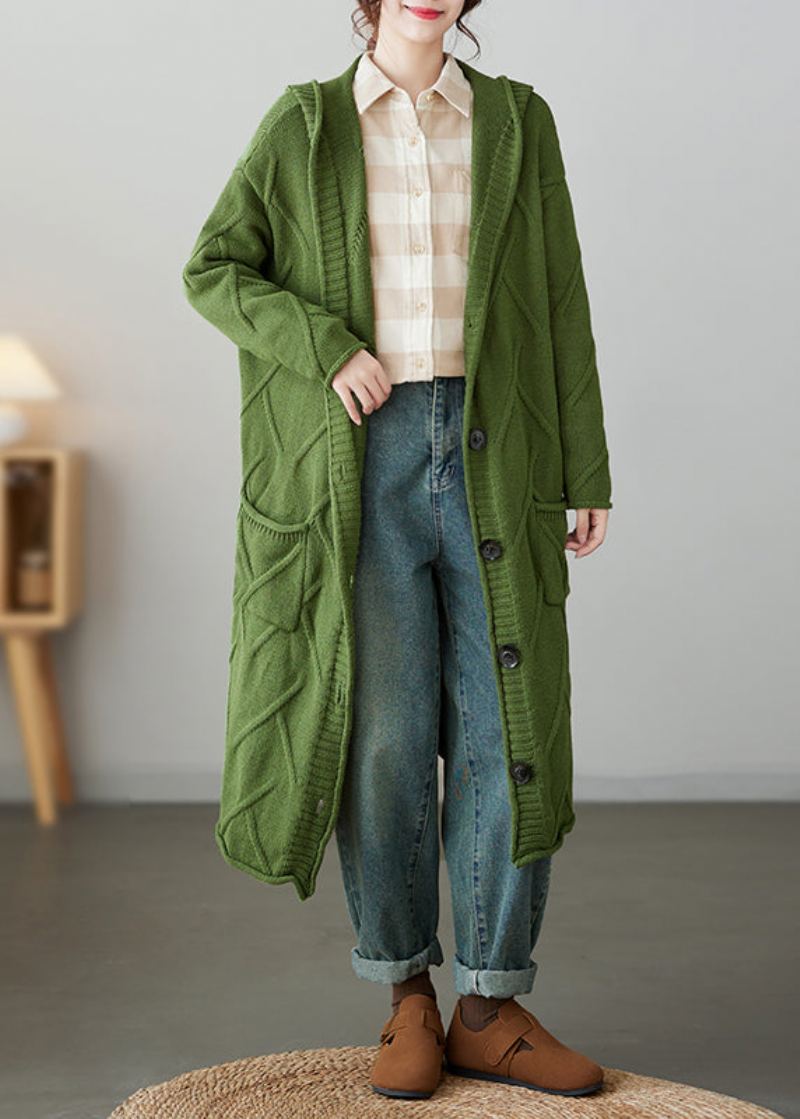 Manteau Cardigan En Tricot Ample Vert À Capuche Avec Poches Patchwork Automne - Cardigans femmes