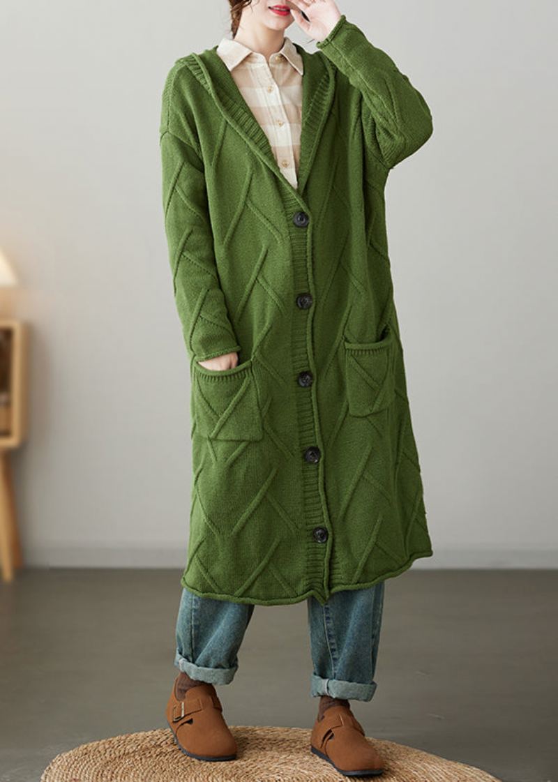 Manteau Cardigan En Tricot Ample Vert À Capuche Avec Poches Patchwork Automne - Cardigans femmes