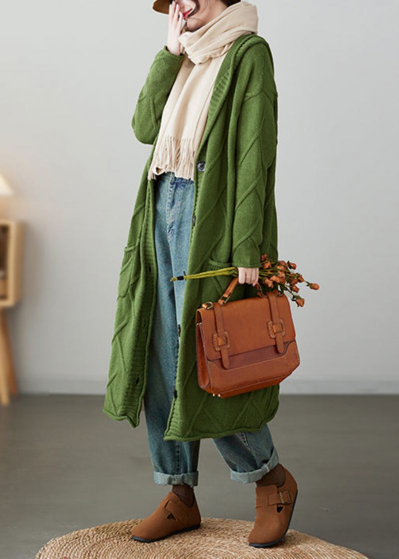 Manteau Cardigan En Tricot Ample Vert À Capuche Avec Poches Patchwork Automne - Cardigans femmes