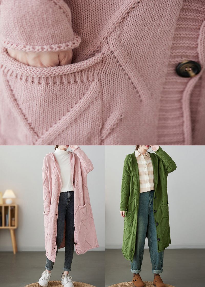 Manteau Cardigan En Tricot Ample Vert À Capuche Avec Poches Patchwork Automne - Cardigans femmes