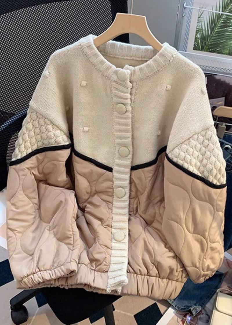Manteau En Coton Tricoté Épais Patchwork De Boutons Beige Français Manches Longues