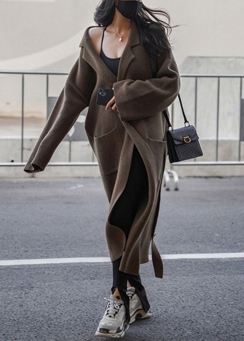Manteau Long En Tricot De Coton Avec Poches Chocolat Amples Cravate À La Taille Automne - Cardigans femmes