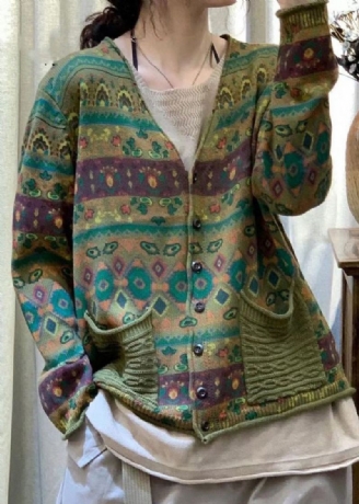Manteau En Tricot Vert Ample Avec Poches Boutonnées Et Col En V Printemps