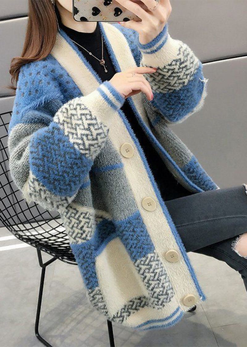 Manteau Tricoté En Velours De Vison Bleu Avec Boutons Imprimés Et Col En V Automne