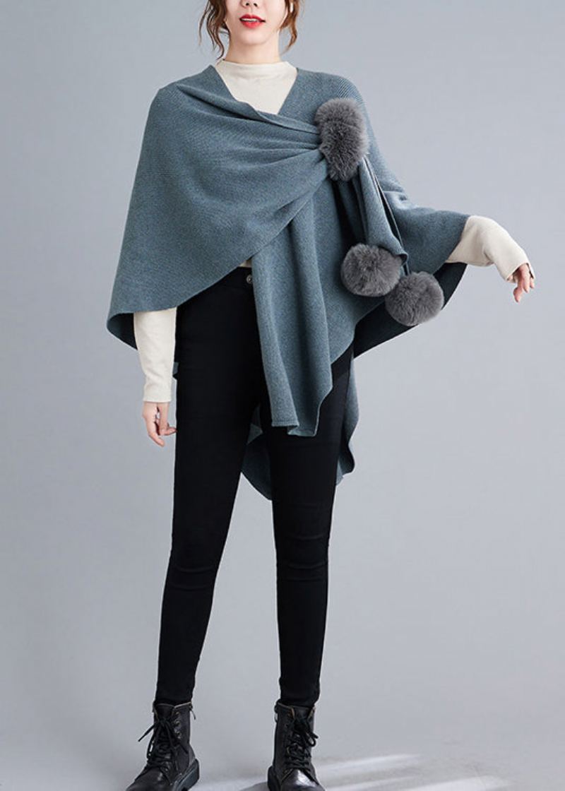 Manteaux Cape Tricotés Patchwork Bleu Gris Boule Floue Asymétrique Automne