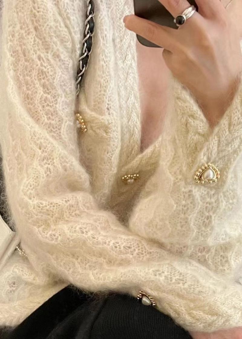 Manteaux En Tricot De Coton Ajouré Avec Boutons Abricot Français Automne - Cardigans femmes