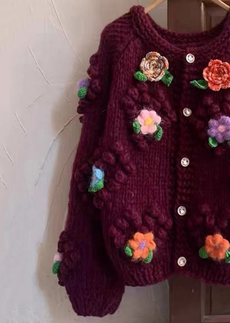Manteaux En Tricot De Coton Confortables À Boutons À Col Rond Rouge Fleuri À Manches Longues - Cardigans femmes