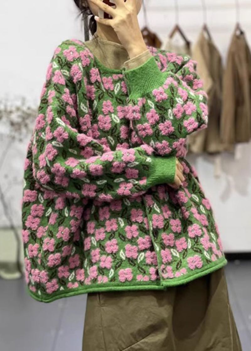Manteaux En Tricot De Coton Patchwork À Boutons À Col Rond Rose À Manches Longues - Cardigans femmes