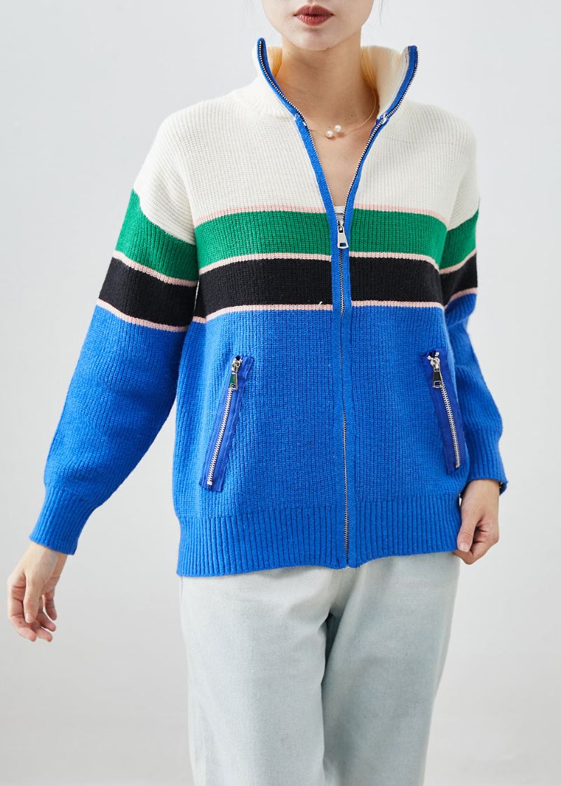 Manteaux En Tricot Patchwork Bleu À Fermeture Éclair Design Original Automne - Cardigans femmes