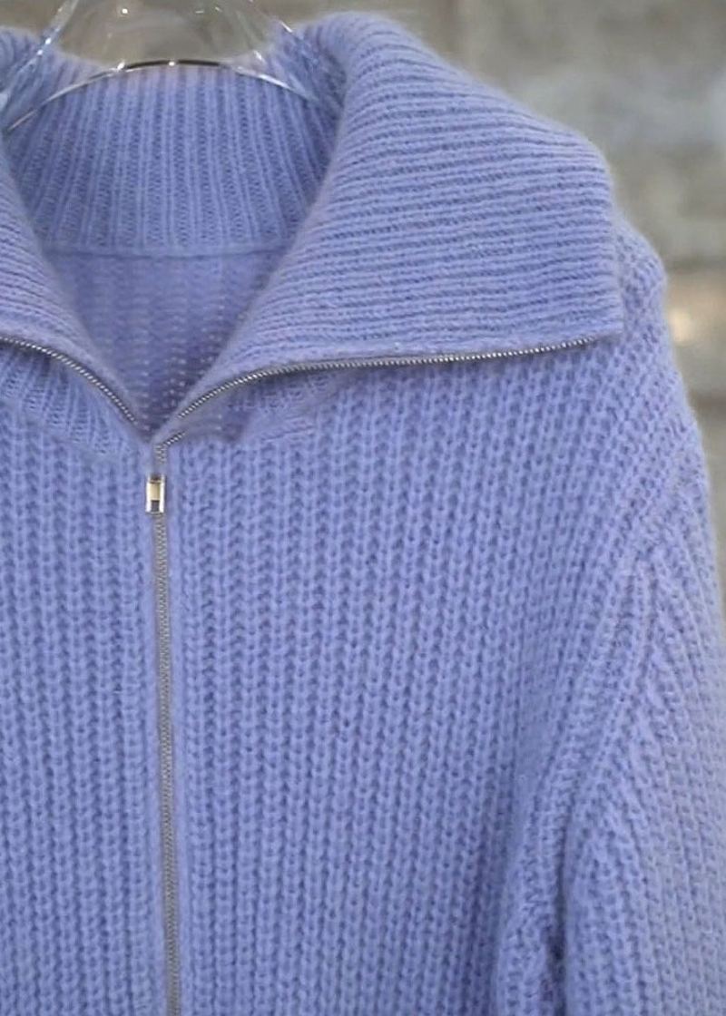 Manteaux En Tricot Patchwork Violet Simples Avec Poches Zippées Automne - Cardigans femmes