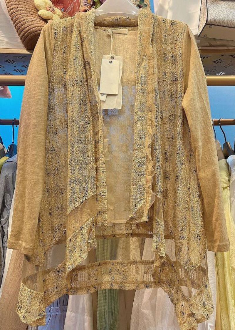Nouveau Cardigans À Manches Longues En Tricot Jaune Col En V Patchwork À Volants