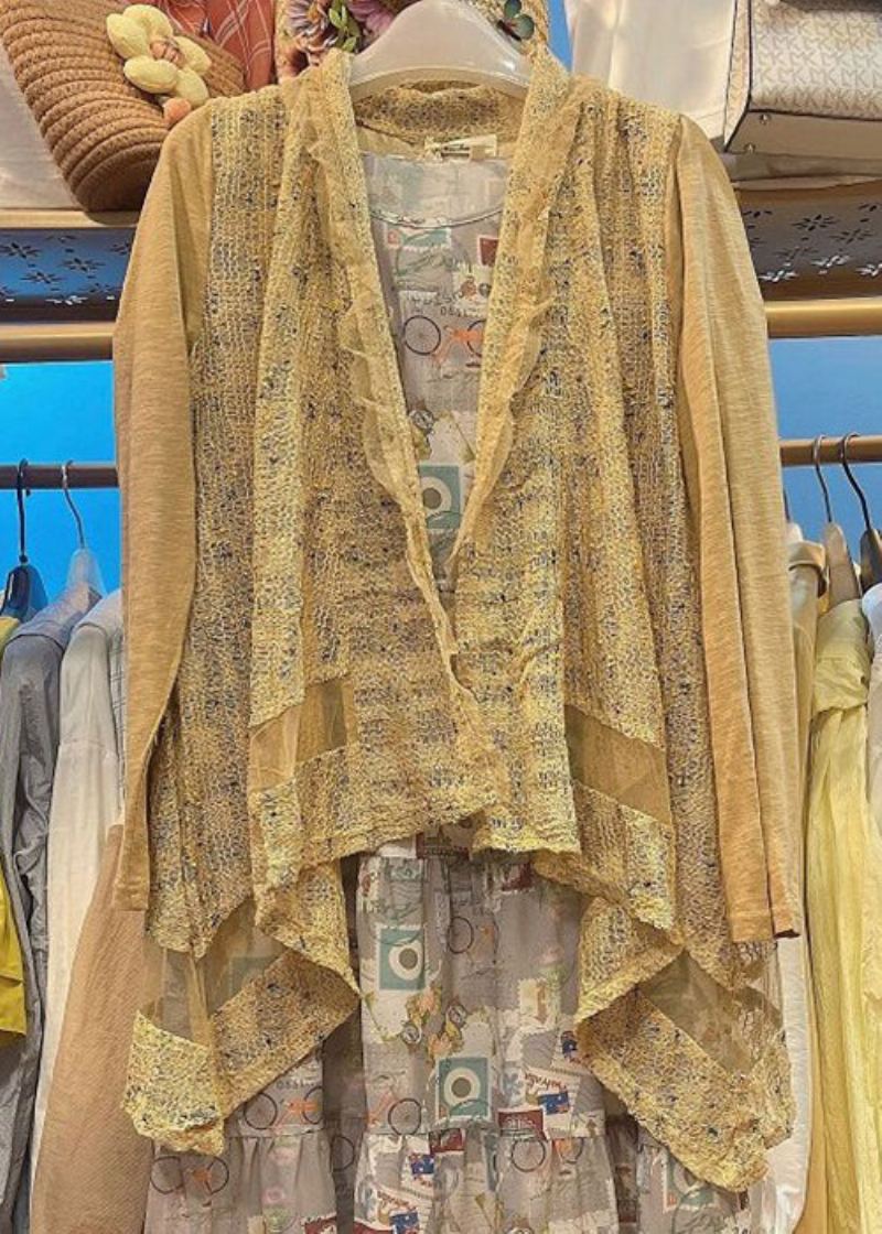 Nouveau Cardigans À Manches Longues En Tricot Jaune Col En V Patchwork À Volants - Cardigans femmes