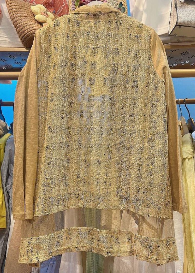 Nouveau Cardigans À Manches Longues En Tricot Jaune Col En V Patchwork À Volants - Cardigans femmes