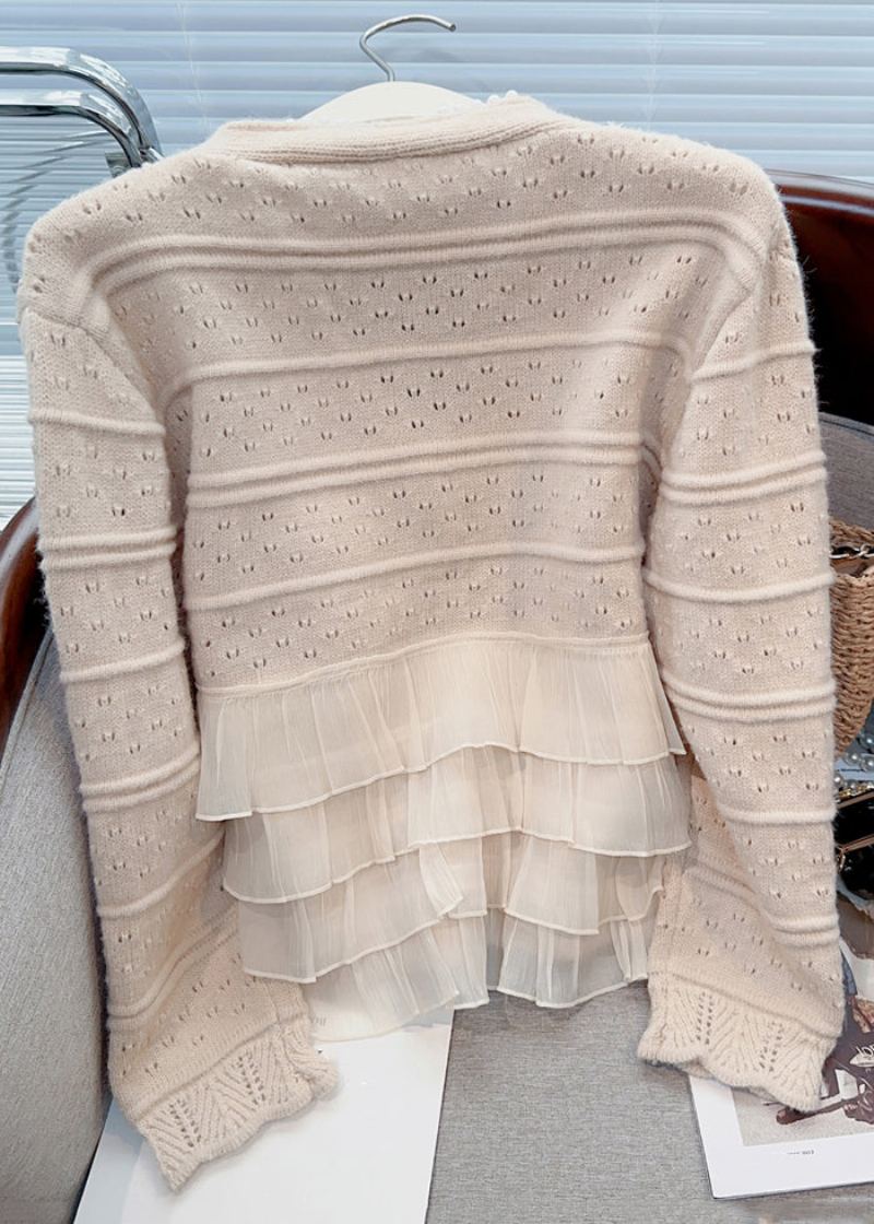 Nouveau Kaki Clair À Volants Perle Patchwork Tricot Cardigan Printemps - Cardigans femmes
