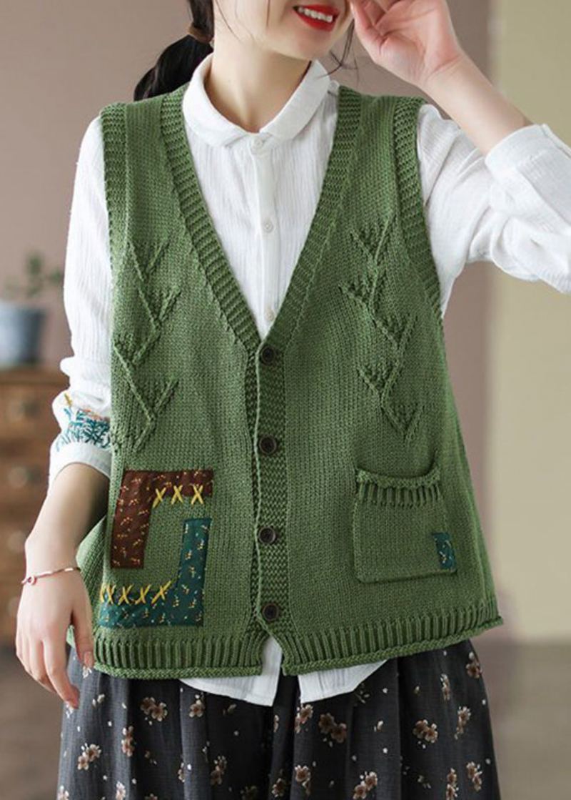 Nouveau Orange Col En V Bouton Poches Coton Tricot Gilet Sans Manches - Cardigans femmes