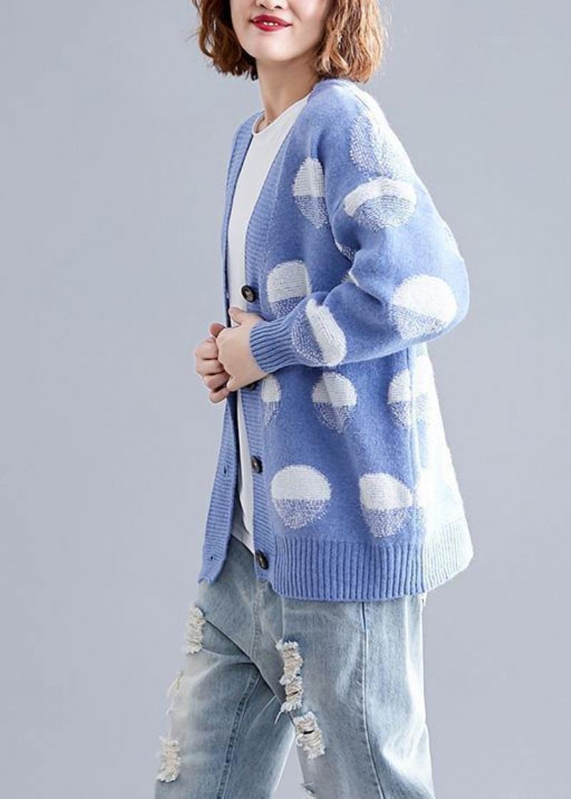 Pour L'automne Col En V Tricot À Pois Bleus Vêtements Sauvages Grande Taille - Blanc