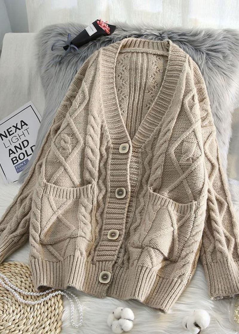 Pour Le Printemps Vêtements D'extérieur En Tricot À Col En V Manteaux En Bleus Amples À Deux Poches - Rose