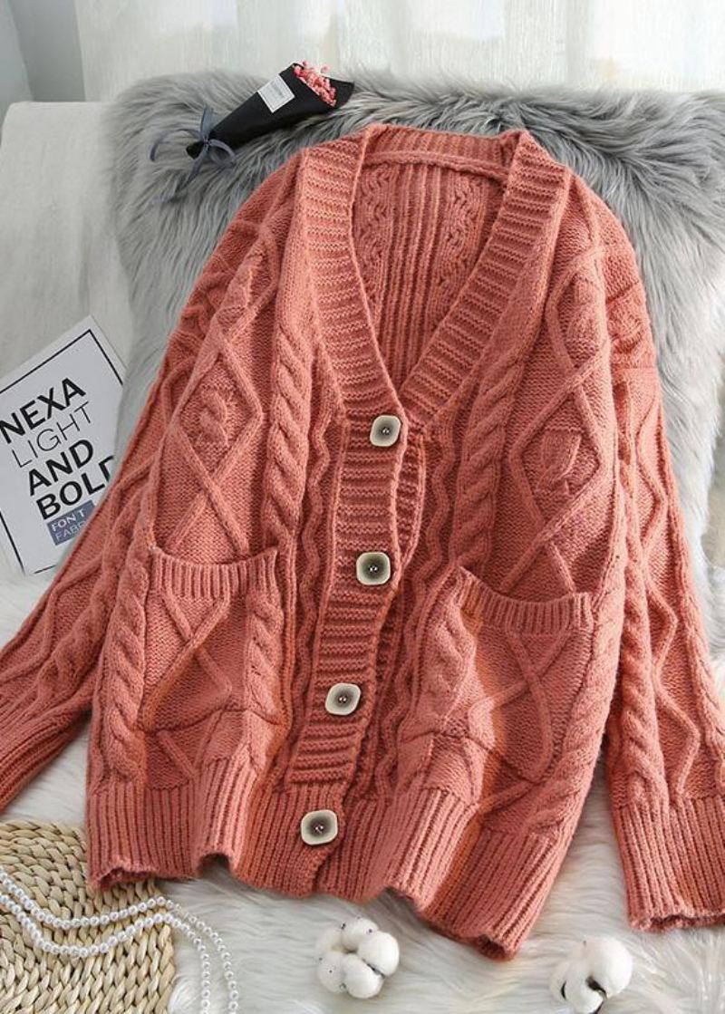 Pour Le Printemps Vêtements D'extérieur En Tricot À Col En V Manteaux En Bleus Amples À Deux Poches - Rose