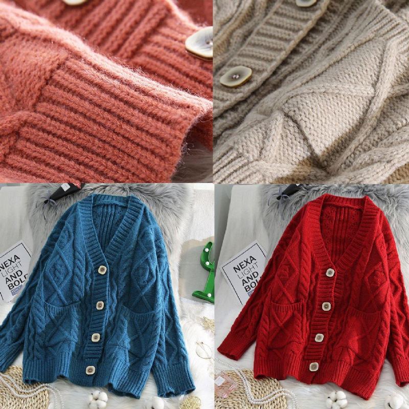 Pour Le Printemps Vêtements D'extérieur En Tricot À Col En V Manteaux En Bleus Amples À Deux Poches - Rose