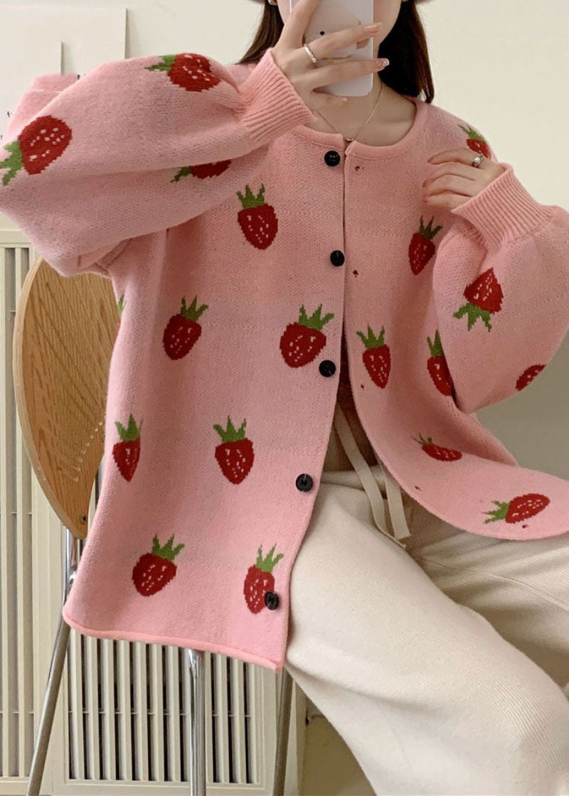 Pulls Décontractés En Tricot De Coton À Fleurs De Fraises Roses Manteaux D'automne - Rose