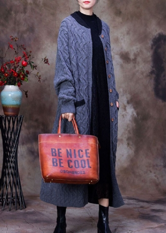 Robe En Tricot D'automne Ample Bleue Moderne Avec Poches Boutonnées