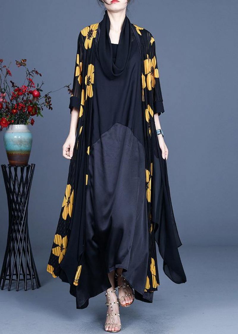 Veste Ample Longue En Soie À Manches Trois-quarts Motif Floral Jaune Diy Été - Rouge