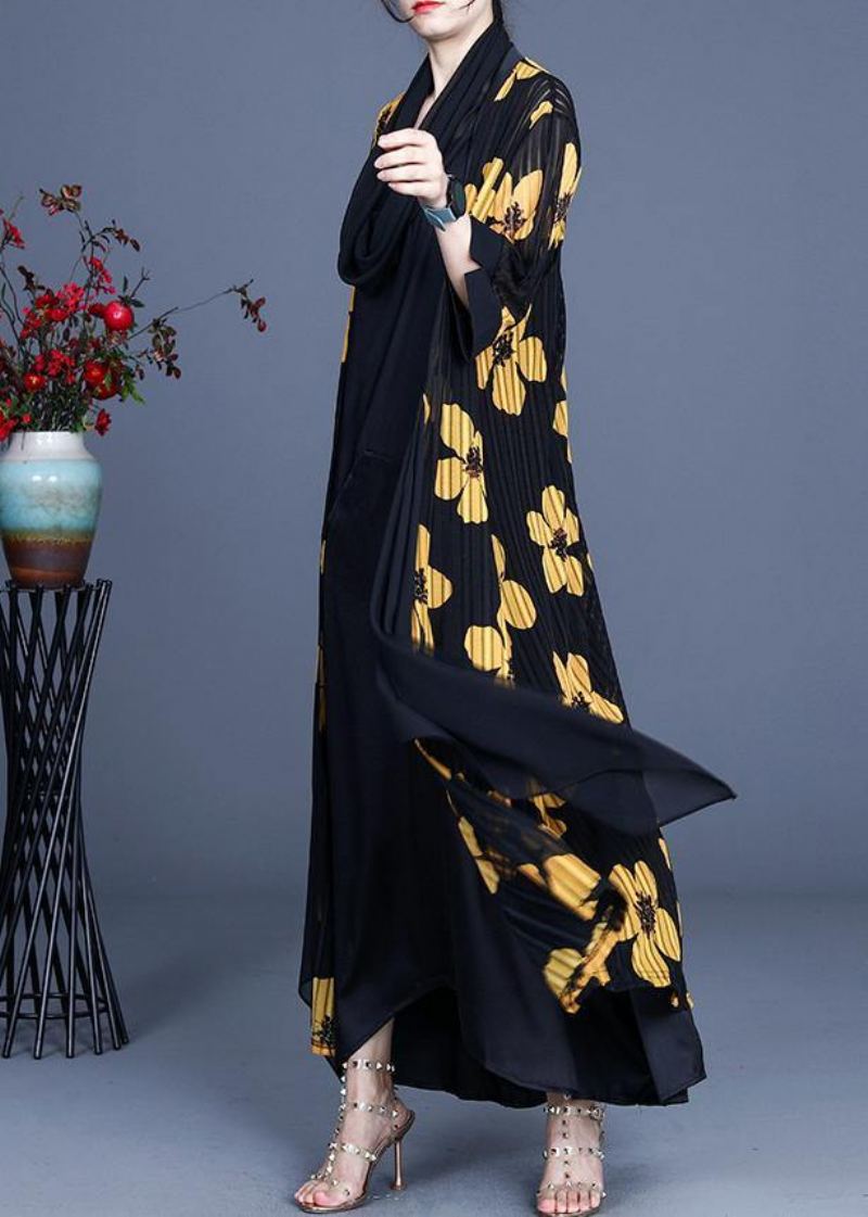 Veste Ample Longue En Soie À Manches Trois-quarts Motif Floral Jaune Diy Été - Rouge
