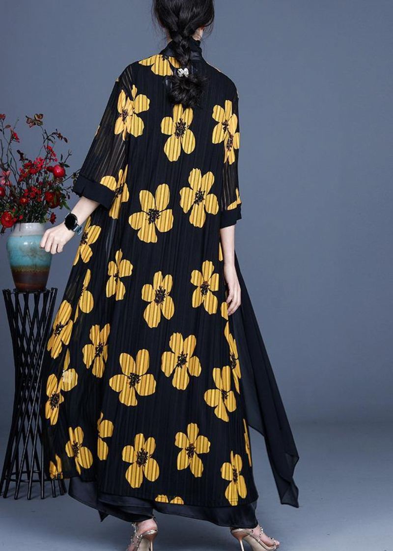 Veste Ample Longue En Soie À Manches Trois-quarts Motif Floral Jaune Diy Été - Rouge