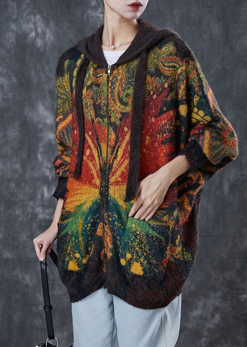 Veste D'hiver En Tricot Tie Dye À Capuche Chocolat De Grande Taille - Cardigans femmes