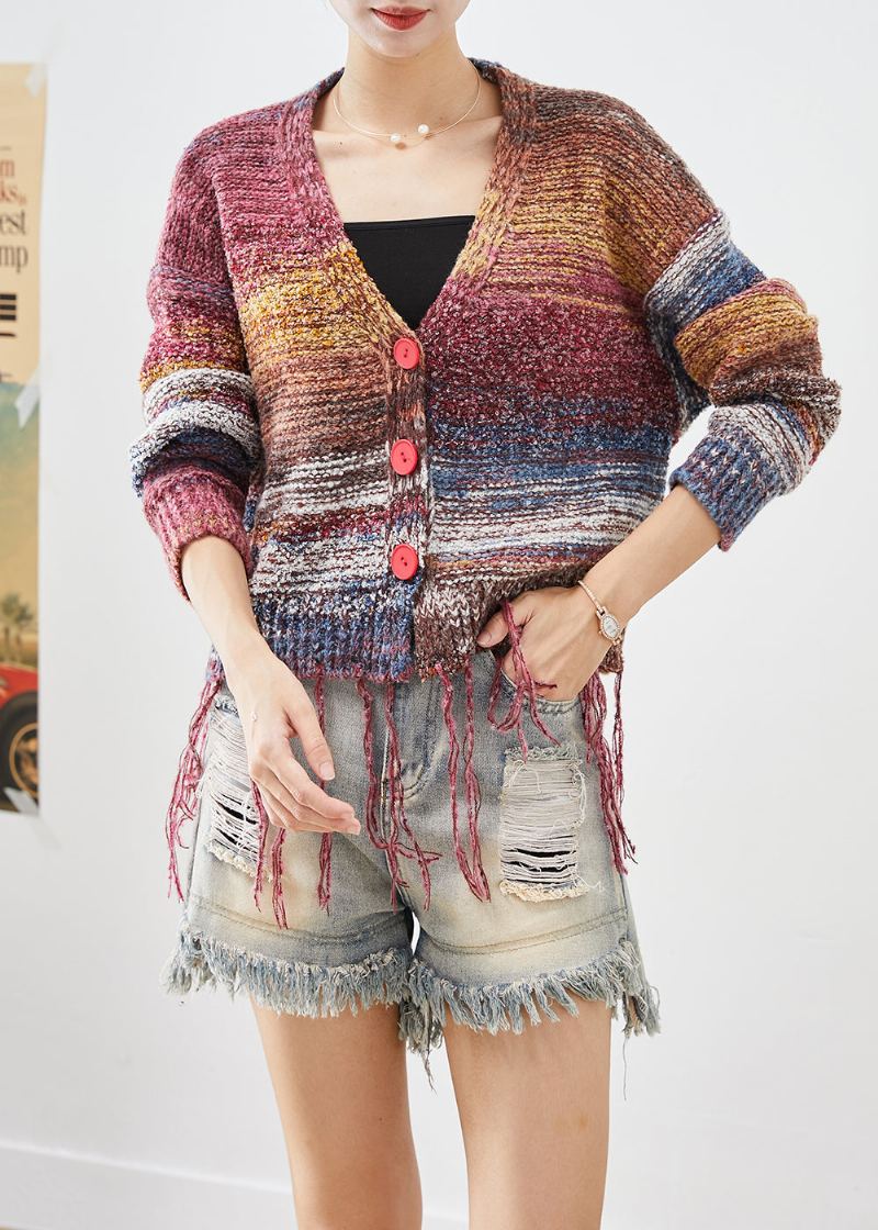 Veste En Tricot Tie-dye À Pompons Bohème Automne